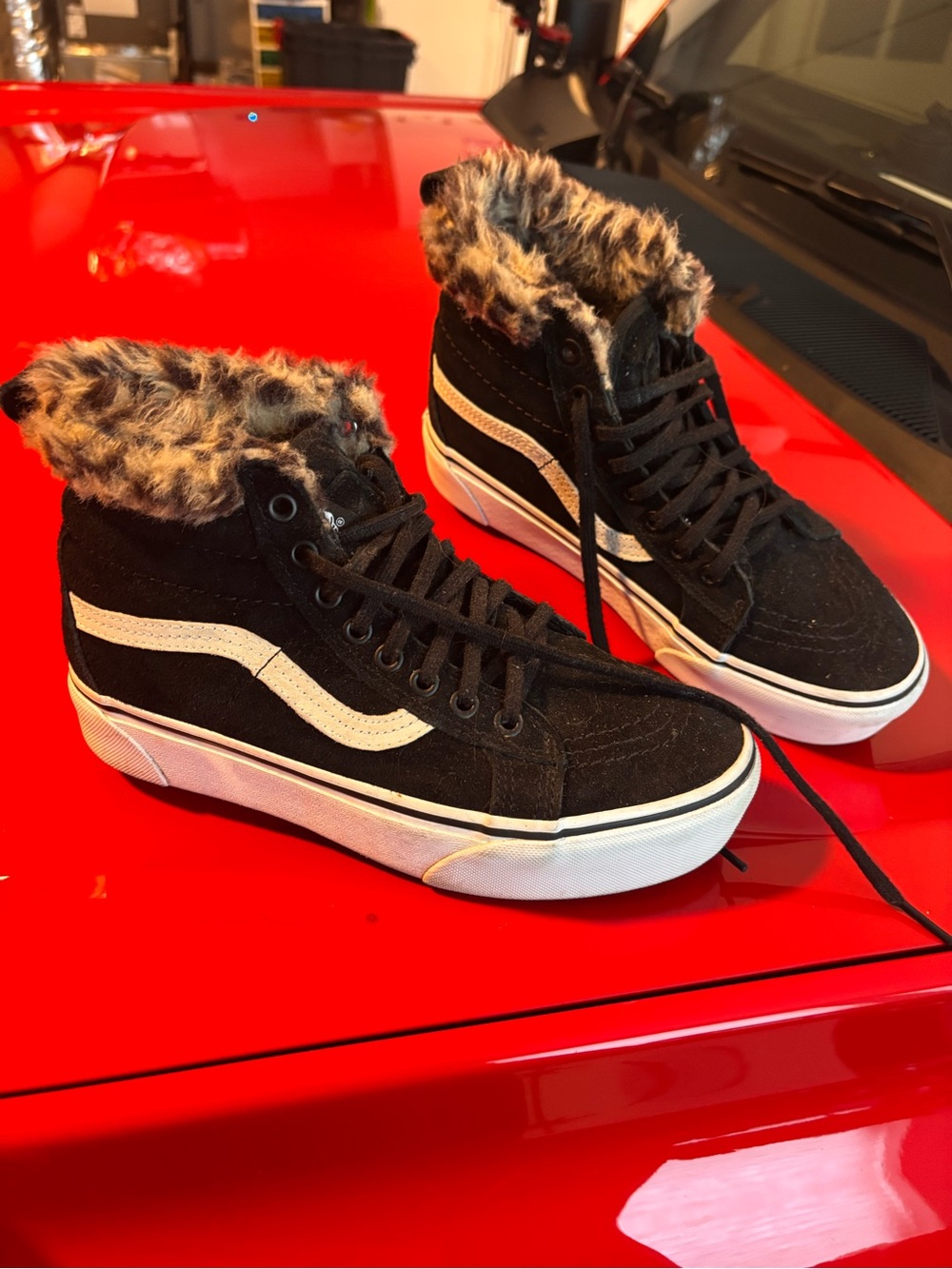 Vans Black High-Top Sneakers with Faux Fur Leopard Collar